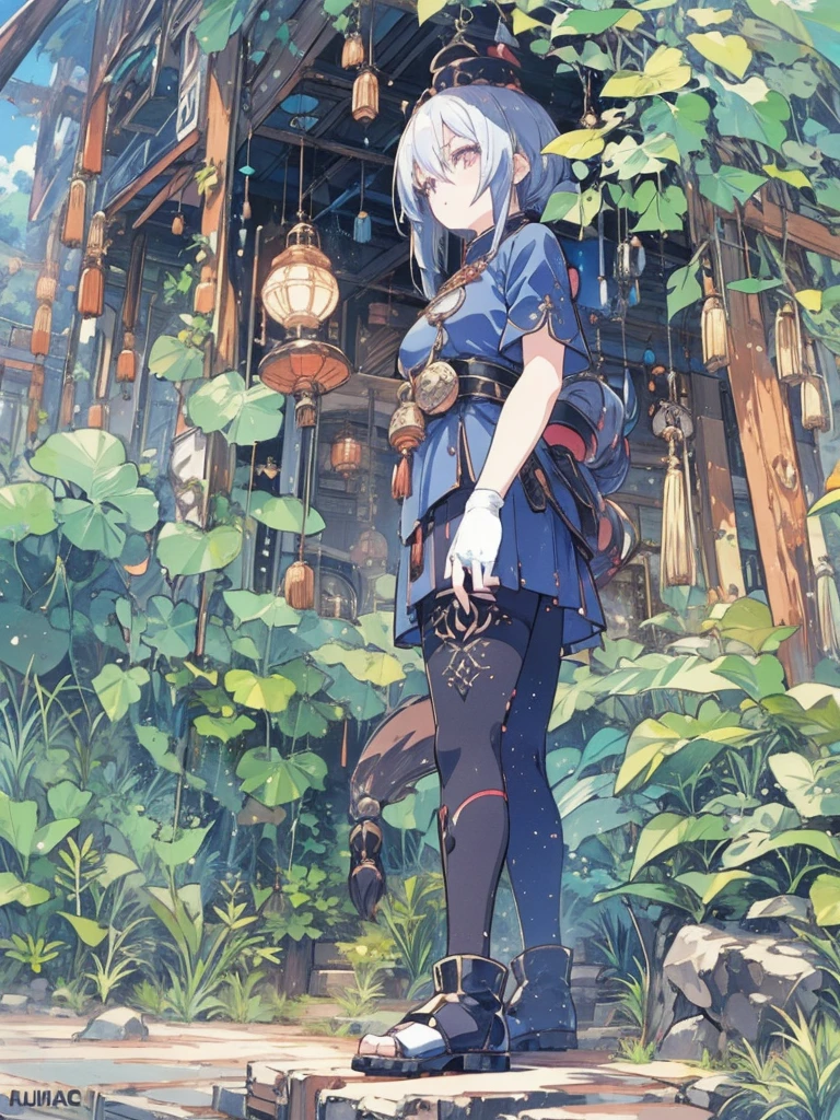 (female),cotton cap,(wave hair),dragon Chinese dress,black inner,gloves,pendant,(black tights),boots,cane,skirt,(background):,blue sky,ancient Luis,mist,((jungle)),(sun flare), (effect):,best quality,anime screencap,8k,high resolution,((anime style)),(anime paint)