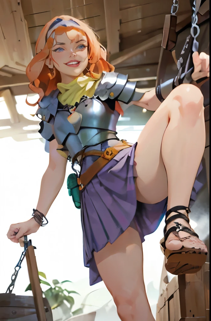 Nsfw, 1girl, daphneblake, wearing loriseg armor, breastplate, ankle grab, purple shirt, purple skirt, (sandals:1.3), green scarf, orange hair, long hair, purple hairband, from below, foreshortening, mature female, pleated skirt, 1boy, male body, (male legs), legs bound, pov, standing footjob, Standing Footjob POV, penis, sandal on penis, kicking, stomp, bdsm, cum, crushed penis, male legs, femdom, motion blur, motion lines, speed lines, looking at viewer, green eyes, pink lipstick, malicious grin, stables