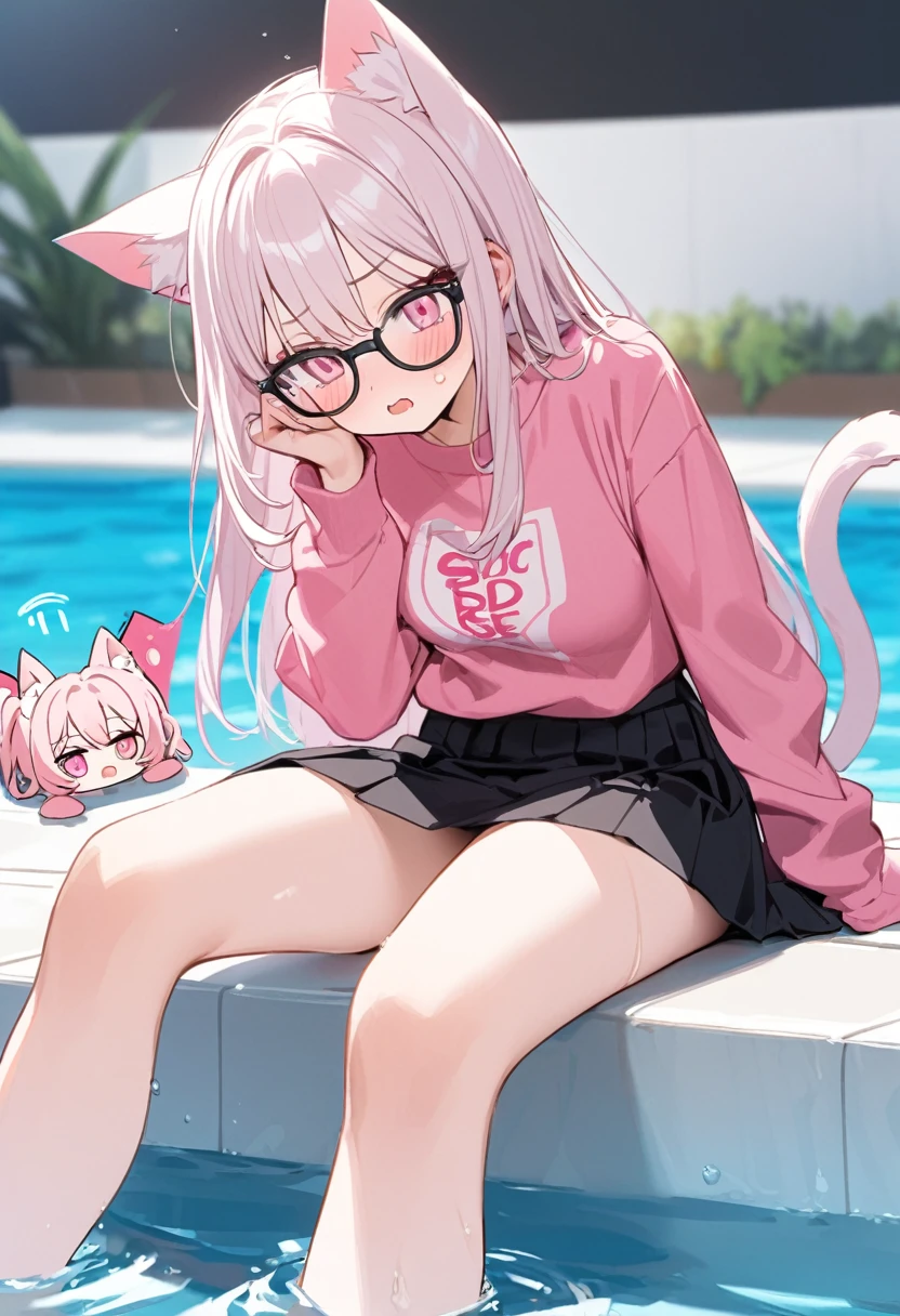 The twin sisters have white pink hair, cat ears, A good, my face is super red, black glasses, pink eyes a big pink sweatshirt, a black skirt a cat tail, a woman. very shy sitting in a pool her feet are inside