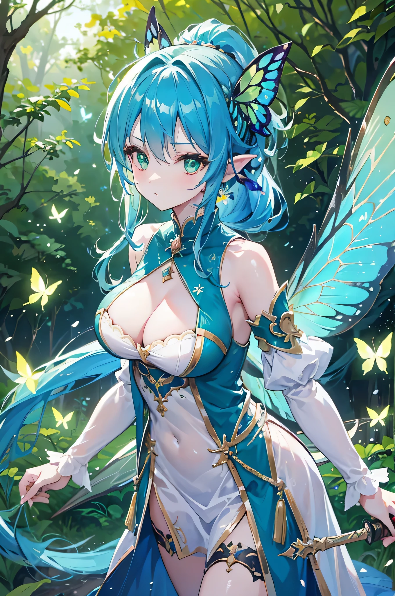 4K,High resolution,One Woman,Fairy,Blue Hair,Long Ponytail,Green Eyes,Big Breasts,Green butterfly_wings,knight,White knight dress,hair band,Jewelry decoration,Long sword,in the forest