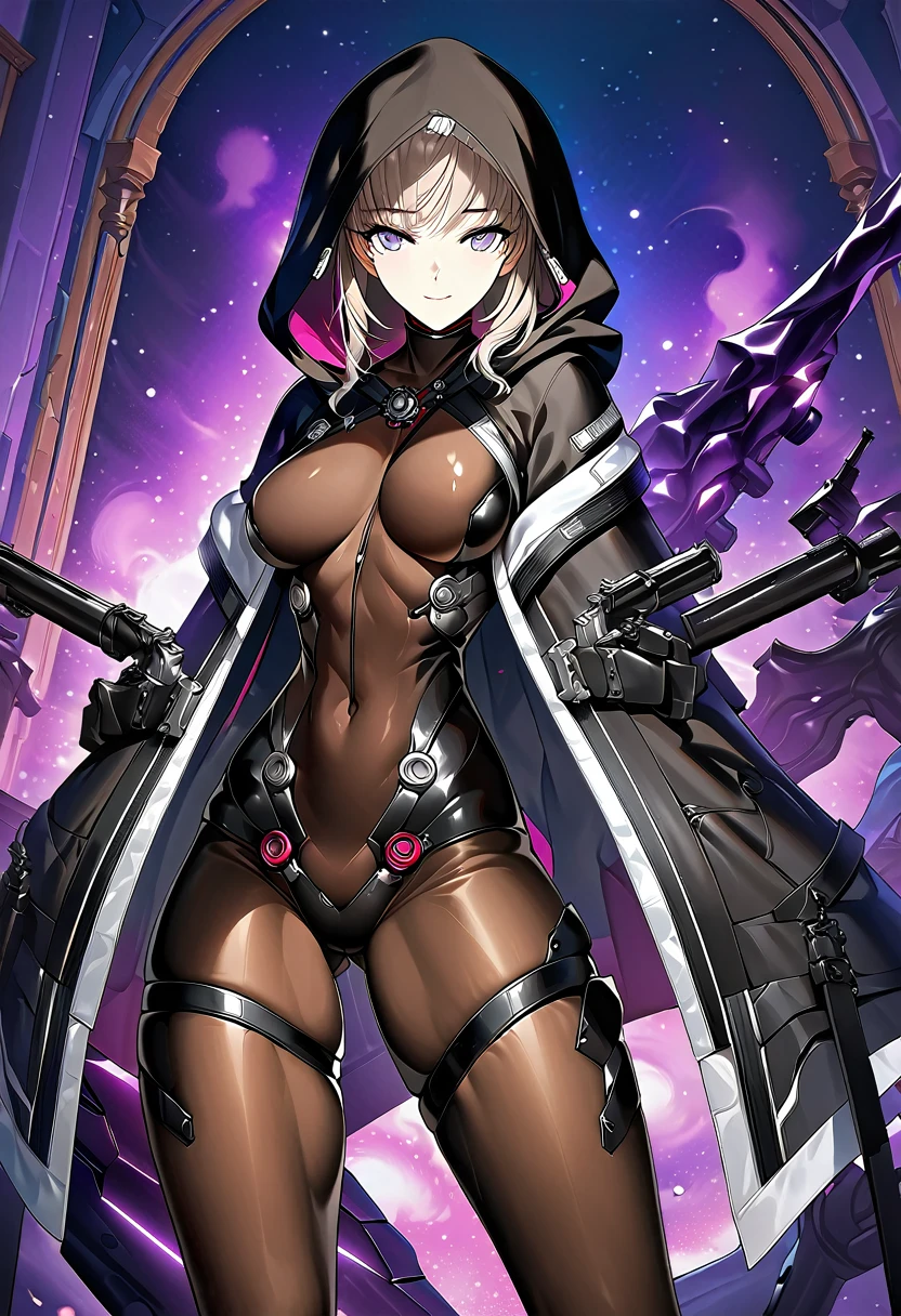 hood, jacket, body suit, black clothes, black wear, tights, weapon, cowboy shot, blue and purple eyes, perfect eyes, beautiful face, masterpiece, super fine illustration, ultra high res, masterwork, best quality, cg unity 8k wallpaper, official art, ultra detailed, perfect proportion, perfect anatomy, 