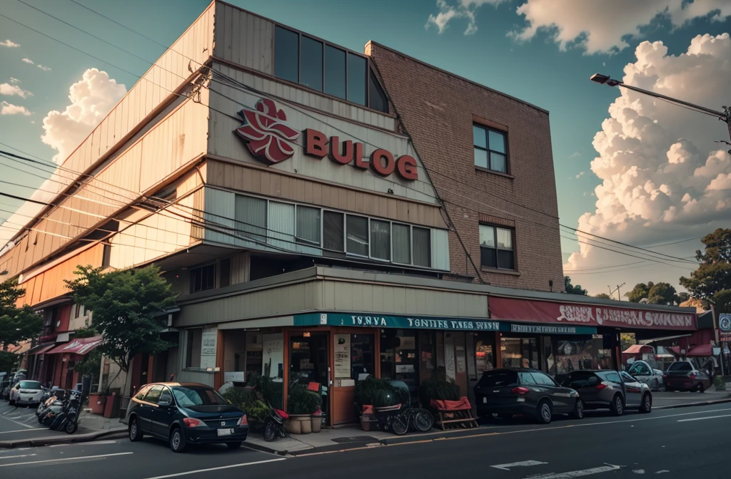 there is a red and white building with a red awning,Beautiful clouds and sky, street top view, street perspective, street level view, hdr shot, parking in the street, street corner, city street view background, interesting angle, restaurant in background, hdr photo, discovered photo, perspective shot, mid-view, soft filmic tonemapping, real image