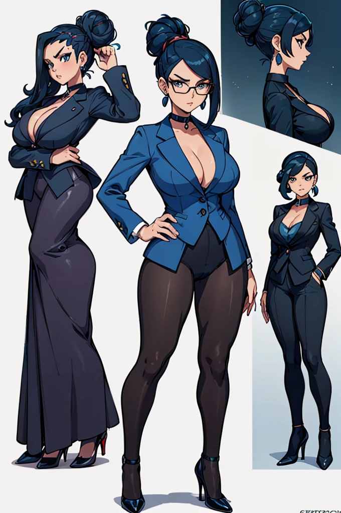 (masterpiece, best quality, high resolution, (pokemon style) ((huge breasts))1 mature woman,dark blue hair tied in a bun, glasses, black business suit, black heels, pantyhose, earrings, choker, cleavage, serious posture ,((white background,)) , ((full body standing)),
