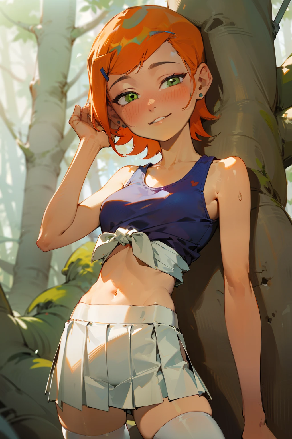 (Masterpiece), Best Quality, ultra-detailed, 1girl (Gwendolyn_Tennyson, breasts, orange hair, short hair, green eyes), a face in love, weary smile, parted lips, nose blush, blush  , looking at viewer, solo, white tank_top (tied), purple skirt, ultra mini skirt, white thighhighs,  forest,  standing,  Sexy waist teasing,  from_below 