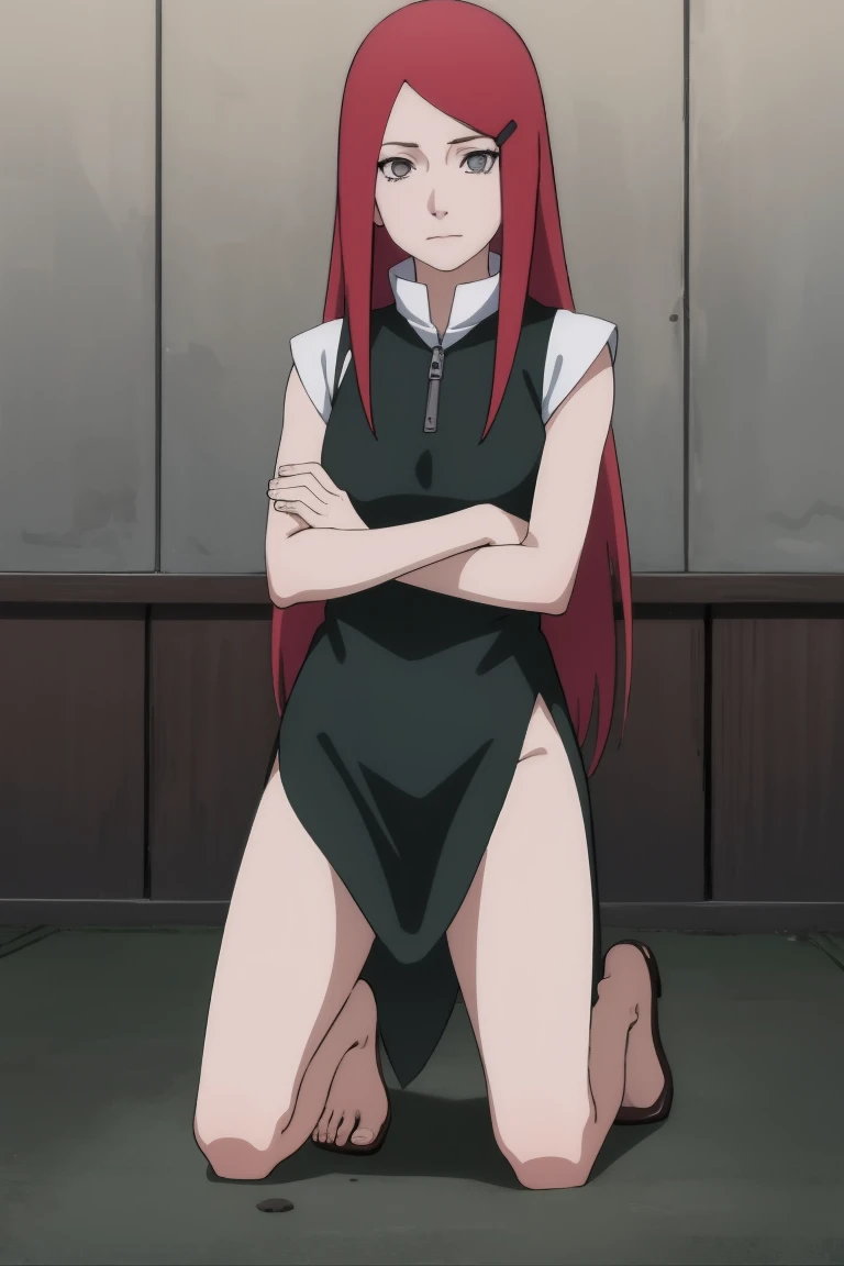 kushina, long hair, hair ornament, red hair, red head, hairclip, (grey eyes:1.5), full body,  indoors, BREAK (masterpiece:1.2), best quality, high resolution, traditional art, (perfect hands, perfect anatomy), closing eyes in her smile, ((naked)), kneeling, forehead in floor, ass up