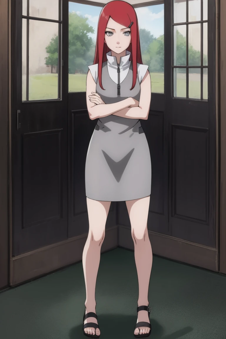 full body, uzumaki kushina, kushina, hair ornament, Red hair, Hair clip, (grey eyes:1.5), solo, crossed arms, indoors, BREAK (Masterpiece:1.2), Best Quality, high resolution,(perfect hands, Perfect Anatomy), NSFW