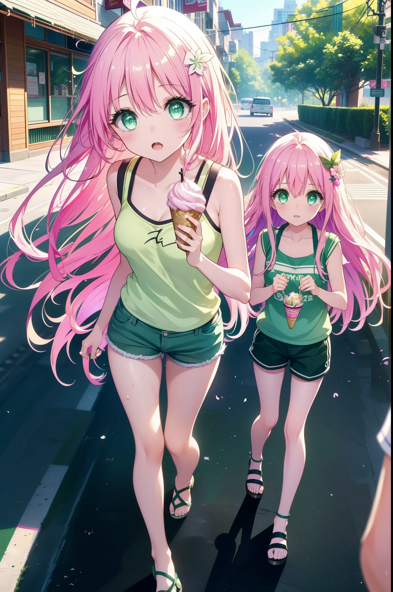 Laladevi Luke, Lara Deviluke, Long Hair, Pink Hair, tail, Ahoge, bangs, hair ornaments, (Green Eyes:1.5), smile,Open your mouth,demon tail, Tank top,Shorts,Heeled Sandals,Black-rimmed glasses,Holding ice cream in one hand,Eating ice cream,Walking,noon,Clear skies,True Summer,Sweat,whole bodyがイラストに入るように,
break outdoors, In town,
break looking at viewer, whole body,
break (masterpiece:1.2), Highest quality, High resolution, unity 8k wallpaper, (figure:0.8), (beautiful detailed eyes:1.6), extremely detailed face, Perfect lighting, extremely detailed CG, (Perfect hands, Perfect Anatomy),