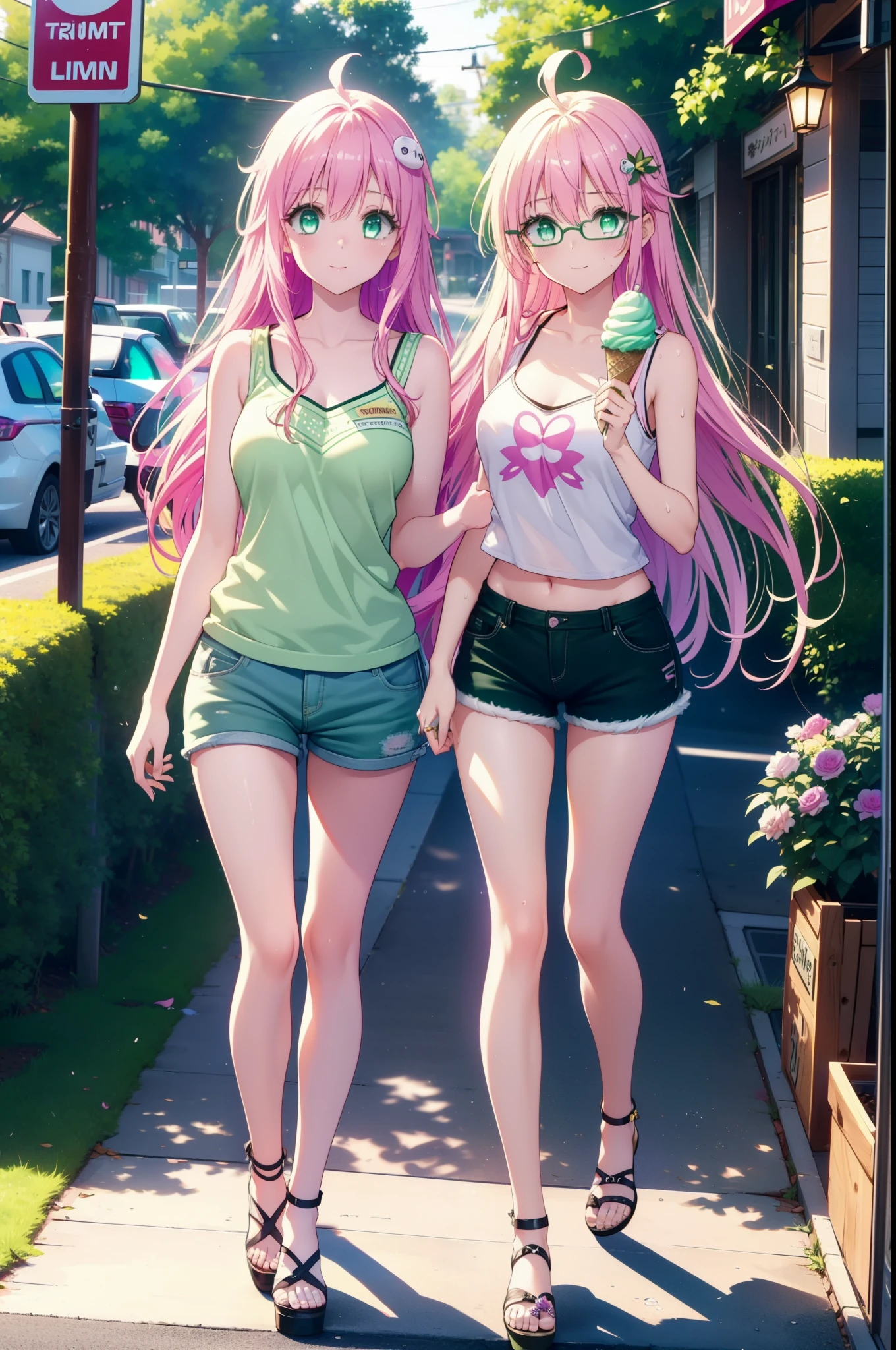 Laladevi Luke, Lara Deviluke, Long Hair, Pink Hair, tail, Ahoge, bangs, hair ornaments, (Green Eyes:1.5), smile,Open your mouth,demon tail, Tank top,Shorts,Heeled Sandals,Black-rimmed glasses,Holding ice cream in one hand,Eating ice cream,Walking,noon,Clear skies,True Summer,Sweat,whole bodyがイラストに入るように,
break outdoors, In town,
break looking at viewer, whole body,
break (masterpiece:1.2), Highest quality, High resolution, unity 8k wallpaper, (figure:0.8), (beautiful detailed eyes:1.6), extremely detailed face, Perfect lighting, extremely detailed CG, (Perfect hands, Perfect Anatomy),