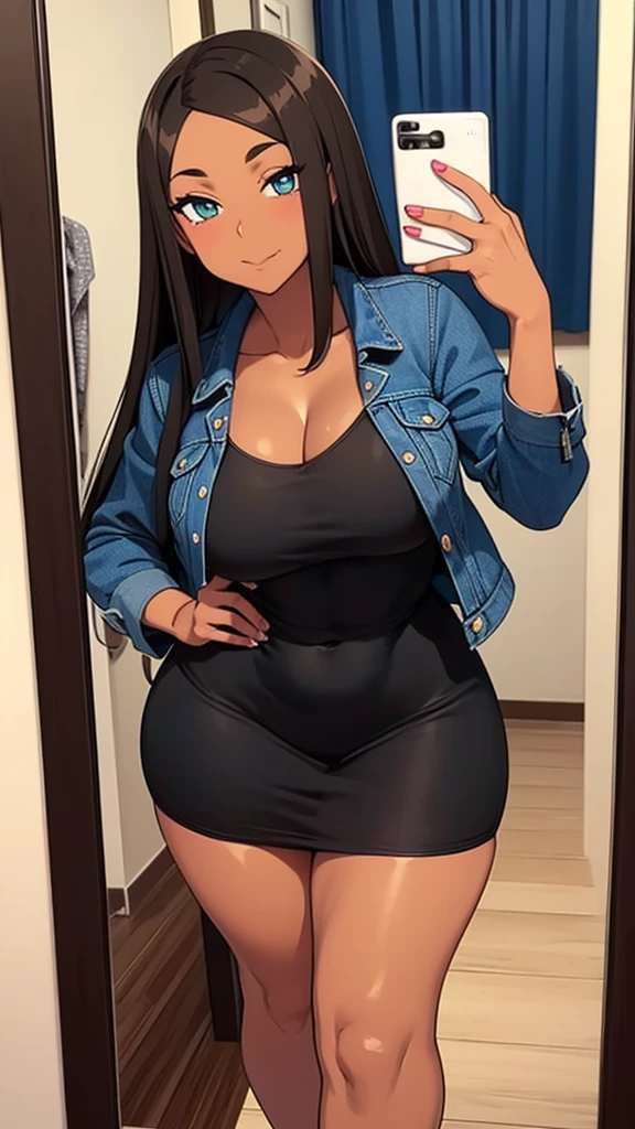 Beautiful brown skin woman, she has brunette layered long hair, she is wearing Black Dress, Denim Jacket, Sneakers, she is taking a selfie in the mirror, seductive pose, thick thighs, hourglass figure