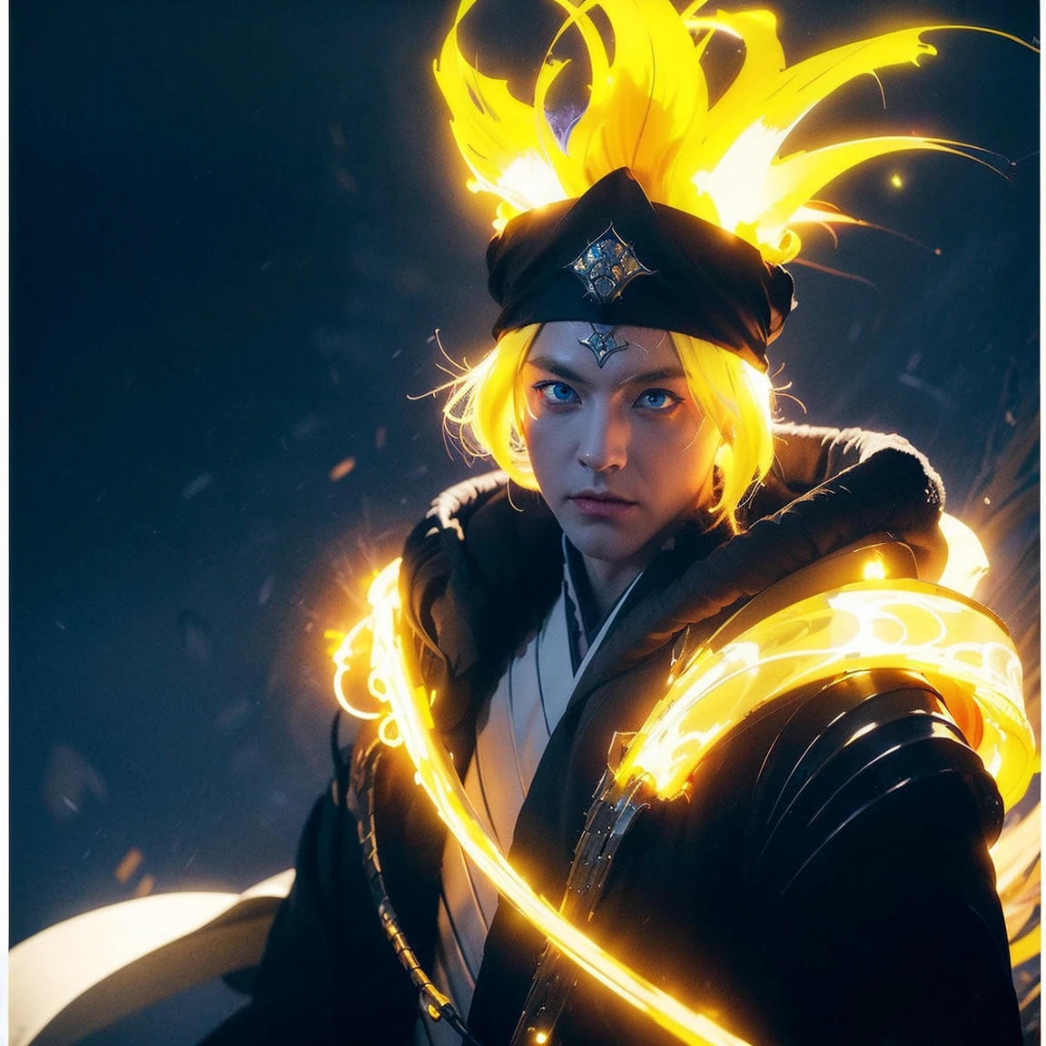 (Onmyoji theme)), (in 8K、top-quality、​masterpiece:1.2)、Vampire、Cyberpunk men、fantasy worlds、dark backgrounds、Clean design、Magnificent Instagram、art stations、Colorful paint splatter、silhuette、Ultra-detailed intricate details、unrealengine、Fantasia、intricate detailes、Splash Screen、Complementary color scheme、Fantasy concept art、an oil painting、heavy strokes、Paint dripping、(isolated on white:1.3)、Rainbow skin、(((Handsome young man)))、(glowingblueeyes)、 ((Bright eye)), (( Spiky Hair, Yellow hair:1.1))), ((Black Millitary Coat)), (prinz\\(indifferent look\\),(Wearing a luxurious black robe with high detail))), Yellow-haired, Frost Rune magic, ((Wizard)).