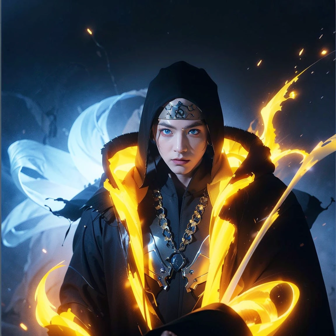 (Onmyoji theme)), (in 8K、top-quality、masterpiece:1.2)、Vampire、Cyberpunk men、fantasy worlds、dark backgrounds、Clean design、Magnificent Instagram、art stations、Colorful paint splatter、silhuette、Ultra-detailed intricate details、unrealengine、Fantasia、intricate detailes、Splash Screen、Complementary color scheme、Fantasy concept art、an oil painting、heavy strokes、Paint dripping、(isolated on white:1.3)、Rainbow skin、(((Handsome young man)))、(glowingblueeyes)、 ((Bright eye)), (( Spiky Hair, Yellow hair:1.1))), ((Black Millitary Coat)), (prinz\\(indifferent look\\),(Wearing a luxurious black robe with high detail))), Yellow-haired, Frost Rune magic, ((Wizard)).