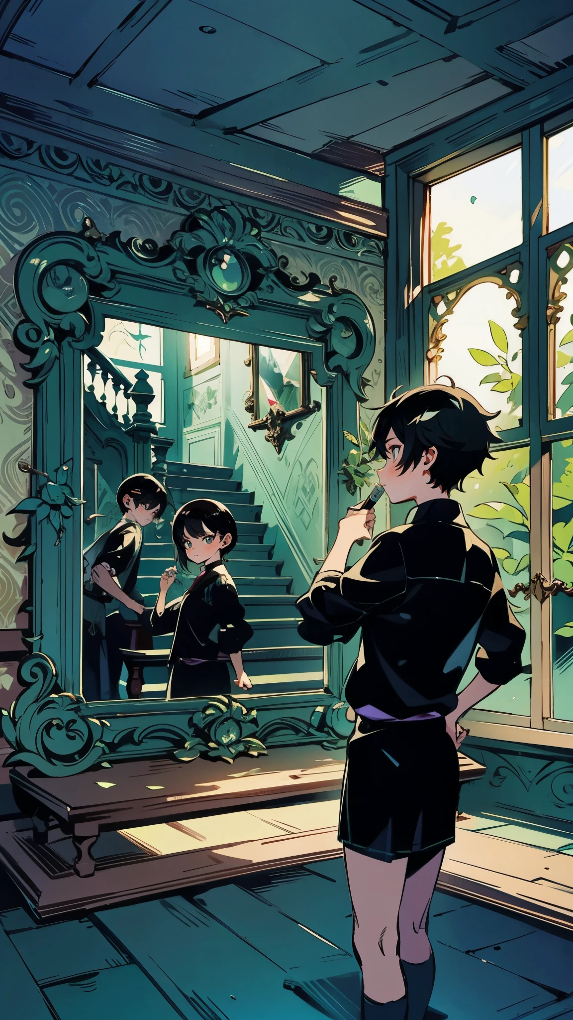 The ager stands before an ornate turquoise-framed mirror in the Victorian house’s foyer. The reflection reveals a hint of mischief in their eyes. The verdant foliage outside the window casts dancing shadows on the mirror’s surface. The dynamically angled staircase spirals upward behind them, promising adventure and secrets beyond the threshold, ((Best quality)), ((masterpiece)), (detailed:1.4), fighting (High Dynamic Range), Super-Resolution, ,Subsurface scattering, PBR Texturing, Post-processing,Anisotropic Filtering, Depth-of-field, Maximum clarity and sharpness, Multi-layered textures, Albedo and Specular maps, Surface shading, Accurate simulation of light-material interaction, Perfect proportions, Octane Render, Two-tone lighting, Wide aperture,Low ISO, White balance, Rule of thirds