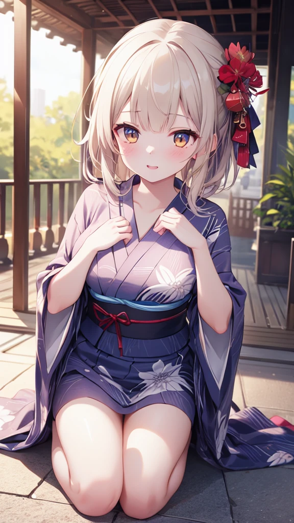 (8k, best quality, master piece: 1.2),super high resolution,1 girl, 独奏, kneel down on the ground and apologize, hands on ground ,ultra-detailed face, Selfie、yukata、Random hairstyle、Random hair color、one's home、(bed)、Midnight、Out of the window、Starry Sky, Collarbone, Ecstatic expression,
