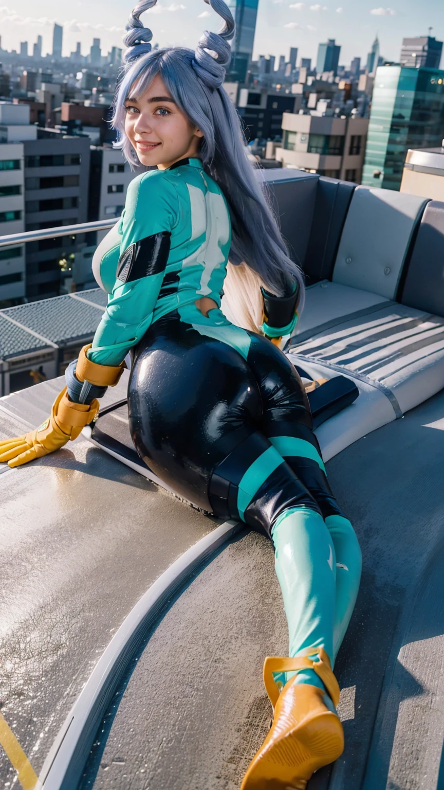 Masterpiece, Best quality, (photorealistic1.4), (UHD), (big breast), (show abs), (flashphoto), (flash photography), (cleavage), (European model), (young woman), (JenniferConnelly90), (epiCRealLife:1.0), (night time), (Nejire latex bodysuit), 1girl, solo, long hair, blue eyes, (blue hair), (hair bangs), (drill hair, twin drills), (Nejire Hairstyle), hair horns, very long hair , light blue hair, (Nejire Yellow gloves), (look at viewers), (Nejire light smile), (lying on rooftop), (tokyo cityscape), (lying on back), (from behind), (Tokyo rooftop),