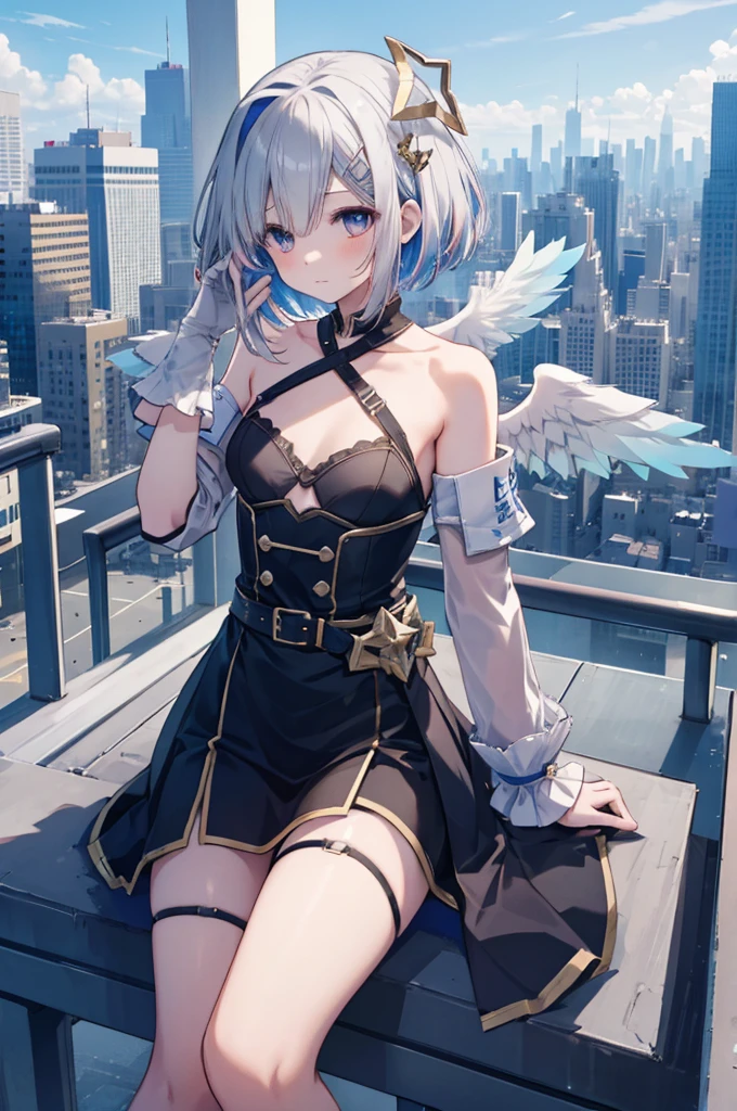 On top of a building、Overlooking the city、A fleeting expression、short hair、Small Wings、Shot from above、Concept Art、masterpiece、high resolution、Small breasts、Initial costume、