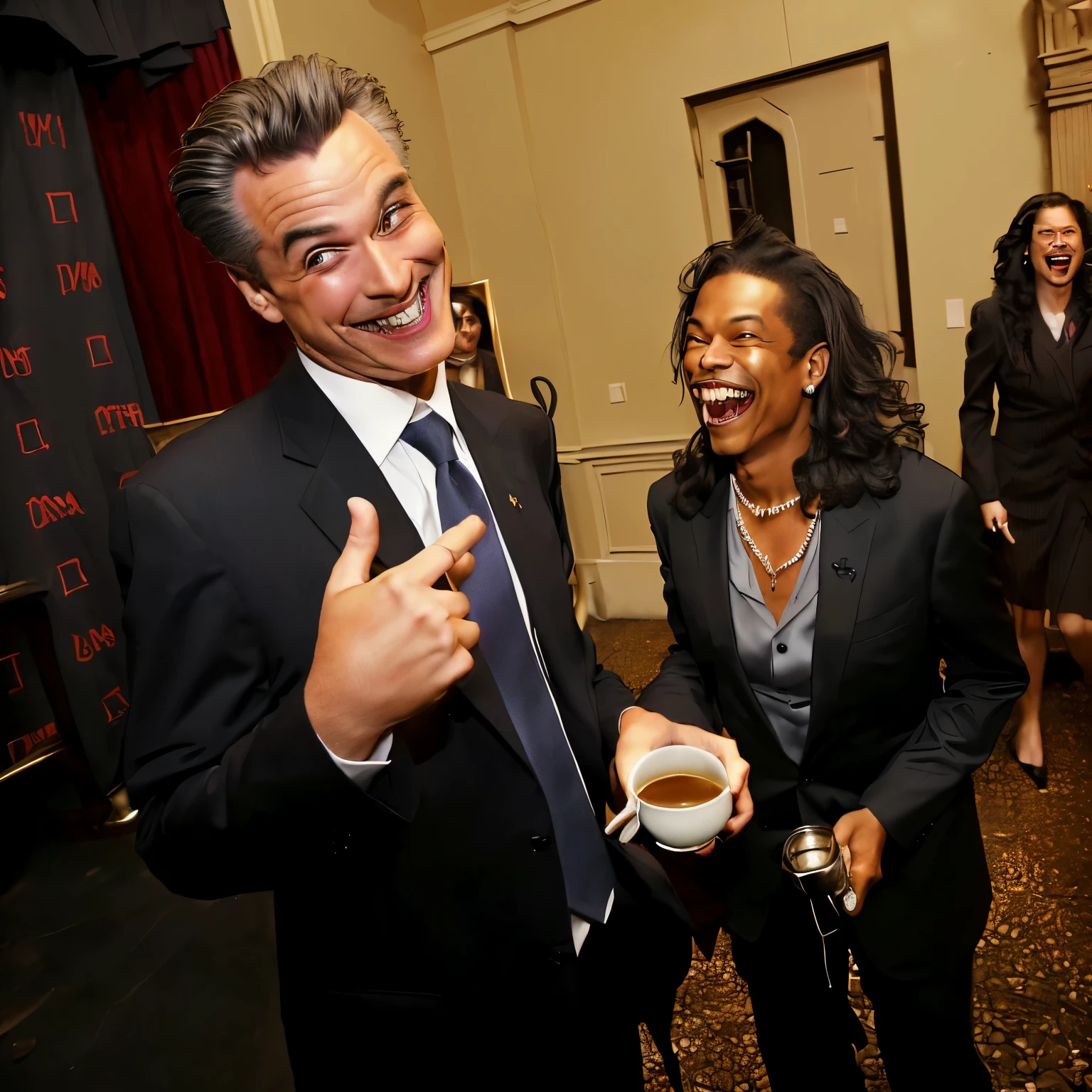 demons laughing in the pits of hell, smiling man in suit and tie holding a cup of coffee, newsom, california;, sf, california, with pointing finger, photograph credit: ap, kamala, laughing and joking, actor, looking left, very inspirational, triumphant pose, with a brilliant, unwind!, los angeles, ..', welcoming grin, waving and smiling, glen