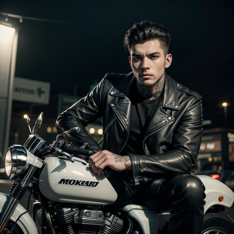modern cut man, leather jacket and jueans, tattoo, ((leaning on a motorcycle)), atmospheric perspective, 8k, super detail, best quality, highres, best quality