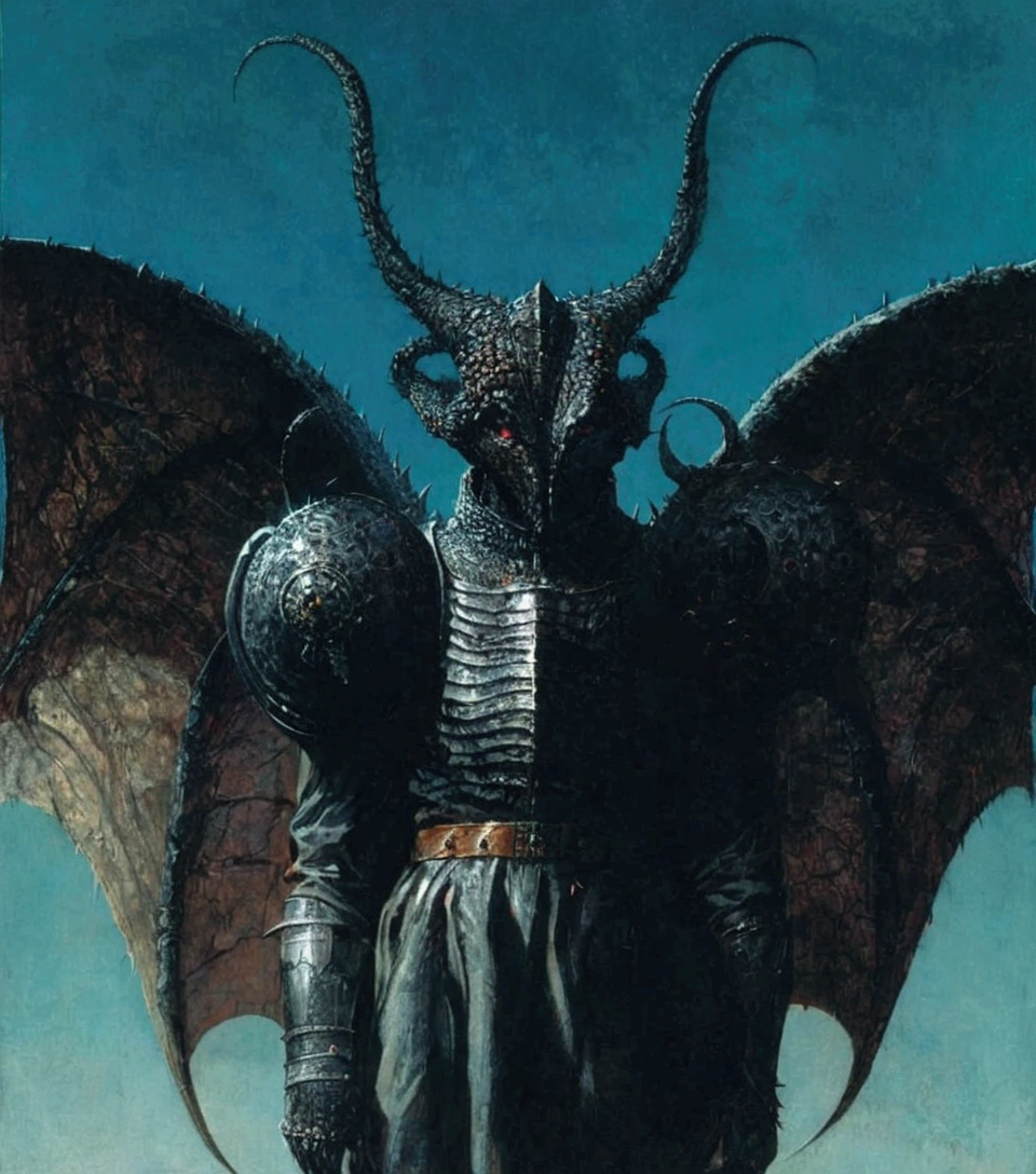 há um homem com cabeça com chifres e capacete, Dwayne Barlowe, Wayne Barlowe detalhado, estilo de wayne barlowe, Wayne Douglas Barlowe, Direção: Terry Oakes, Wayne-Barlowe, arte de fantasia sombria da velha escola, estilo de Jim Burns, Arte conceitual de Wayne Barlowe, por Wayne Barlowe, beeple e jean giraud
