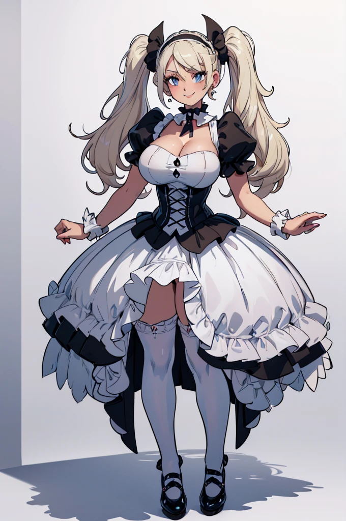 (masterpiece, best quality, high resolution, (pokemon style) ((huge breasts)) 1 girl, platinum blonde hair tied in 2 long pigtails, white ruffled gothic dress, white ruffled stockings, headbands, earrings, white gothic choker, smile, white gothic shoes,((white background,)) , ((full body standing)),
