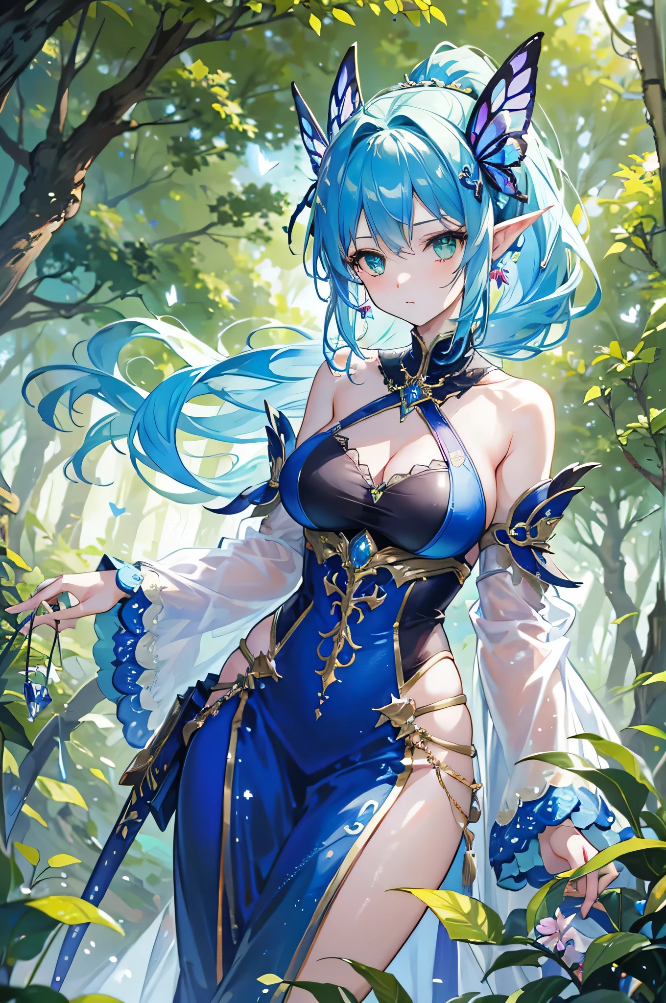 4K,High resolution,One Woman,Fairy,Blue Hair,Long Ponytail,Green Eyes,Big Breasts,butterfly_wings,knight,White knight dress,hair band,Jewelry decoration,Long sword,in the forest