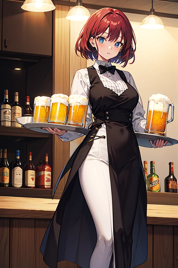 Female bartender Bart medieval anime holds in her hands a tray with large beers, at night
