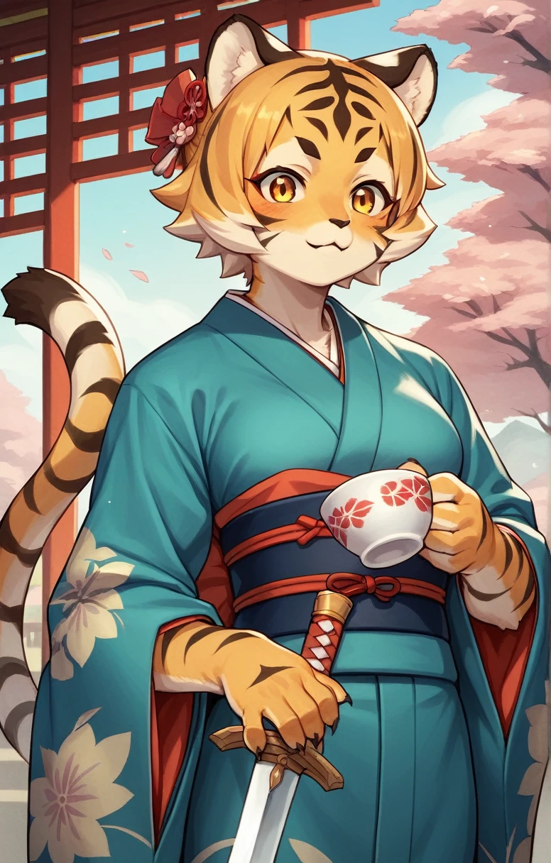 ((masterpiece,cute,Tiger Girl,kimono,A Cup,Fighter)),((Sword in right hand,The left hand is bare hand)),Japanese Style,alone,kemono,Cat girl,Female furry,Background crop,humanoid cheetah,Fantasy,