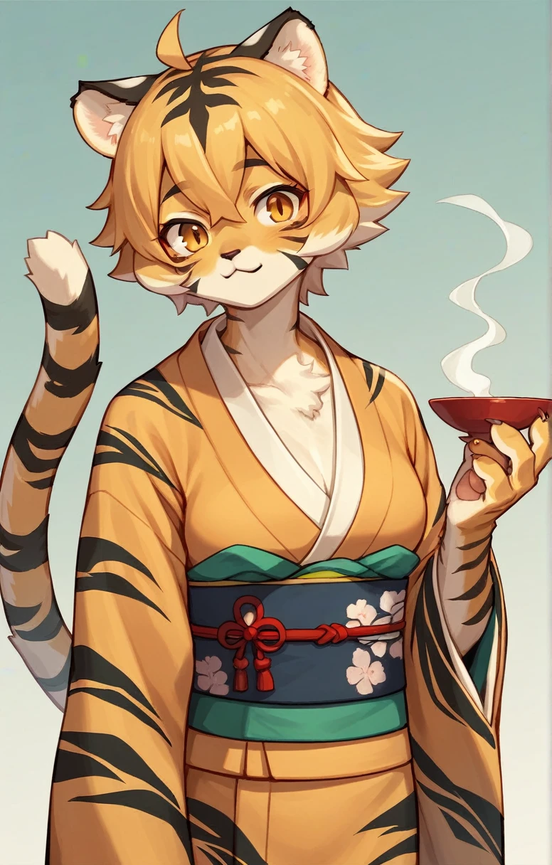 ((masterpiece,cute,Tiger Girl,kimono,A Cup,Fighter)),((Sword in right hand,The left hand is bare hand)),Japanese Style,alone,kemono,Cat girl,Female furry,Background crop,humanoid cheetah,Fantasy,