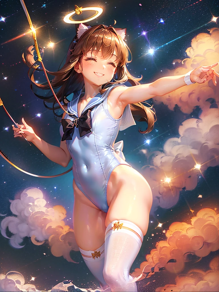 Highest quality,Highest Resolution,Masterpiece,(((A beautiful girl in a sailor leotard with a smile on her face))),High leg,Frills,White knee-high stockings,,Red tie,Cat ear,(((Halation))),Brown hair short bob,(((Elaborate:archery))),White angel wings on the back,universe,Milky Way,Meteor,dark,Bow of Light,whole body,Bow of Light,A distant view,Side view,(((Draw the bow))),Halo,