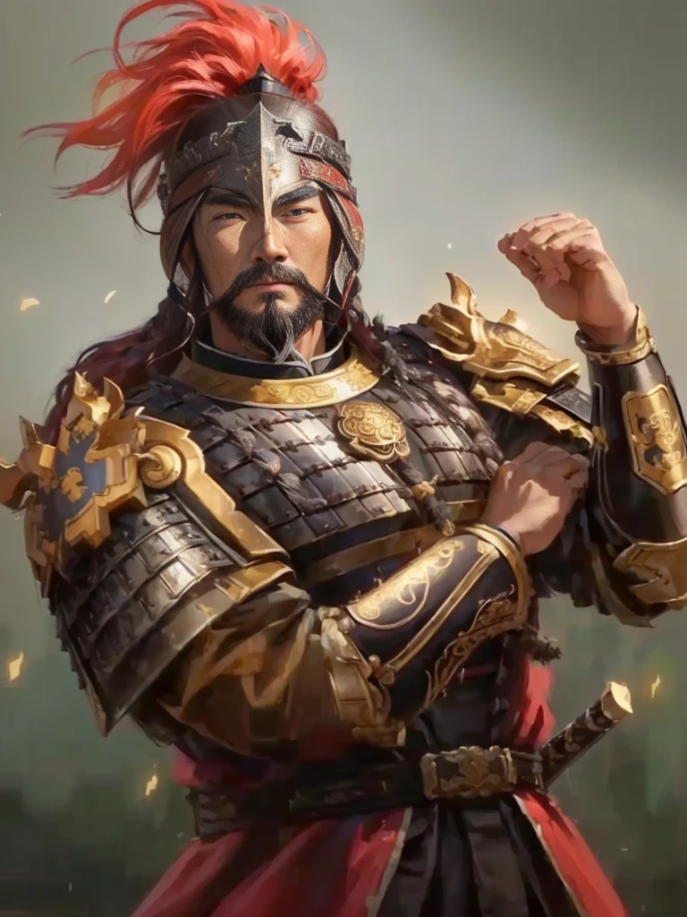 a man in armor with a red mohawk and a sword, inspired by Li Kan, guan yu, inspired by Hu Zaobin, inspired by Huang Shen, inspired by Huang Ding, inspired by Wu Bin, bian lian, inspired by Li Gonglin, chinese three kingdoms, inspired by Li Cheng, genghis khan, inspired by Pu Hua, Highly detailed CG unit 8k wallpaper, masterpiece, High resolution, highest quality, highest quality real texture skin, Super Real, Digital Painting, Best image quality, 最High resolution, 8k, (((Highly detailed eyes and face, Beautiful eyes every detail))), disproportionate breasts, huge breasts, sagging breasts, gigantic breasts, 