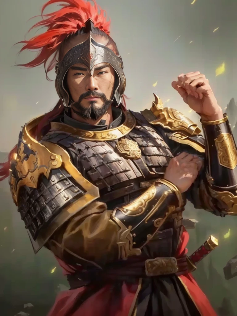 a man in armor with a red mohawk and a sword, inspired by Li Kan, guan yu, inspired by Hu Zaobin, inspired by Huang Shen, inspired by Huang Ding, inspired by Wu Bin, bian lian, inspired by Li Gonglin, chinese three kingdoms, inspired by Li Cheng, genghis khan, inspired by Pu Hua, Highly detailed CG unit 8k wallpaper, masterpiece, High resolution, highest quality, highest quality real texture skin, Super Real, Digital Painting, Best image quality, 最High resolution, 8k, (((Highly detailed eyes and face, Beautiful eyes every detail))), disproportionate breasts, huge breasts, sagging breasts, gigantic breasts, 