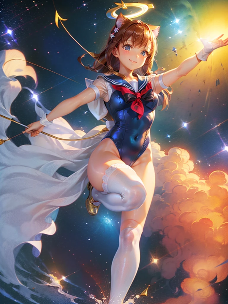 Highest quality,Highest Resolution,Masterpiece,(((A beautiful girl in a sailor leotard with a smile on her face))),High leg,Frills,White knee-high stockings,,Red tie,Cat ear,(((Halation))),Brown hair short bob,(((Elaborate:archery))),White angel wings on the back,universe,Milky Way,Meteor,dark,Bow of Light,whole body,Bow of Light,A distant view,Side view,(((Draw the bow))),Halo,