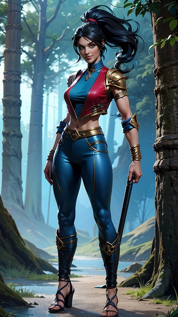 Solo, female, slightly muscular, slightmuscle, big blue eyes, fantasy outfit, forest, pants, cropped jacket, modest clothingBlack hair, Black curly long hair in a ponytail, light eyes, tall and Toned woman, Red and blue outfit Barbarian woman, full body, aesthetic, beautiful woman,fantasy clothing, (masterpiece, best quality:1.2), solo, 1girl, smile, looking at viewer, ponytail, sandals, bare arms, no sleeves, baggy pants,