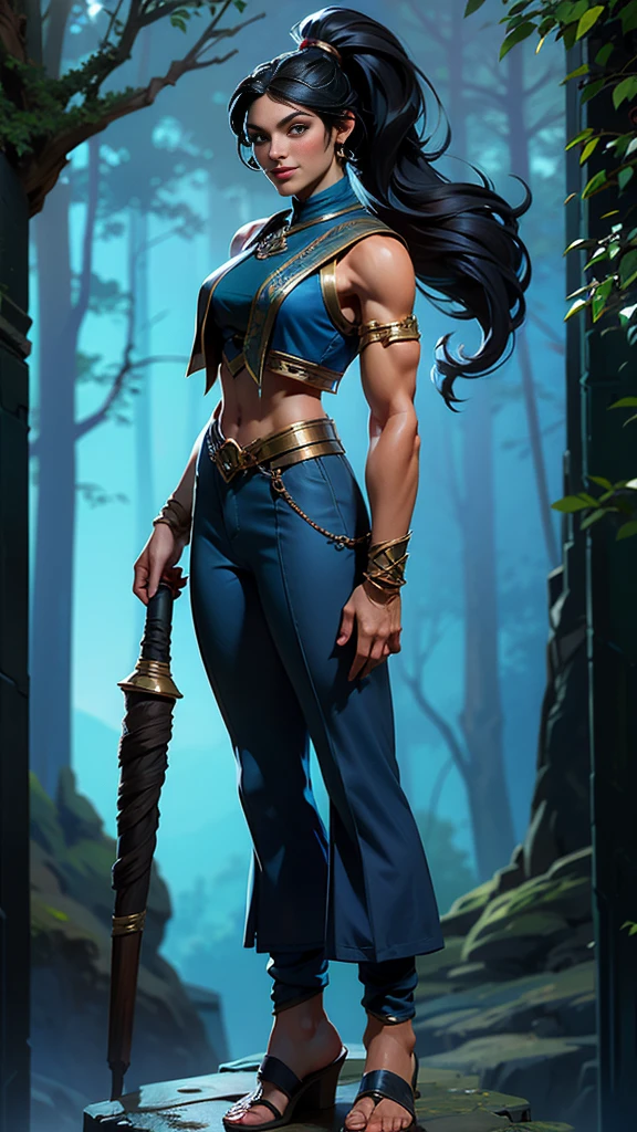 Solo, female, slightly muscular, slightmuscle, big blue eyes, fantasy outfit, forest, pants, cropped jacket, modest clothingBlack hair, Black curly long hair in a ponytail, light eyes, tall and Toned woman, Red and blue outfit Barbarian woman, full body, aesthetic, beautiful woman,fantasy clothing, (masterpiece, best quality:1.2), solo, 1girl, smile, looking at viewer, ponytail, sandals, bare arms, no sleeves, baggy pants,