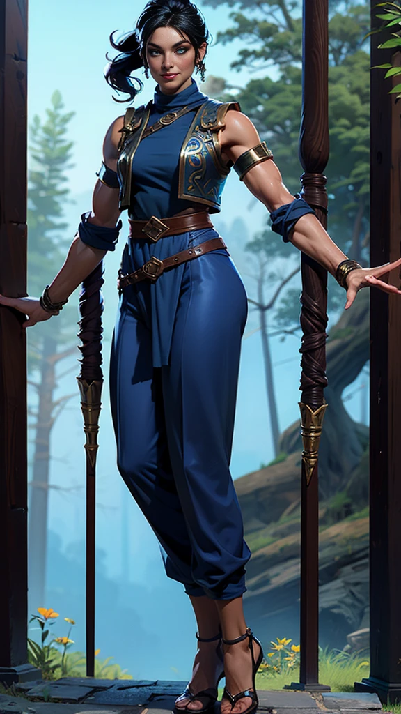 Solo, female, slightly muscular, slightmuscle, big blue eyes, fantasy outfit, forest, pants, cropped jacket, modest clothingBlack hair, Black curly long hair in a ponytail, light eyes, tall and Toned woman, Red and blue outfit Barbarian woman, full body, aesthetic, beautiful woman,fantasy clothing, (masterpiece, best quality:1.2), solo, 1girl, smile, looking at viewer, ponytail, sandals, bare arms, no sleeves, baggy pants,
