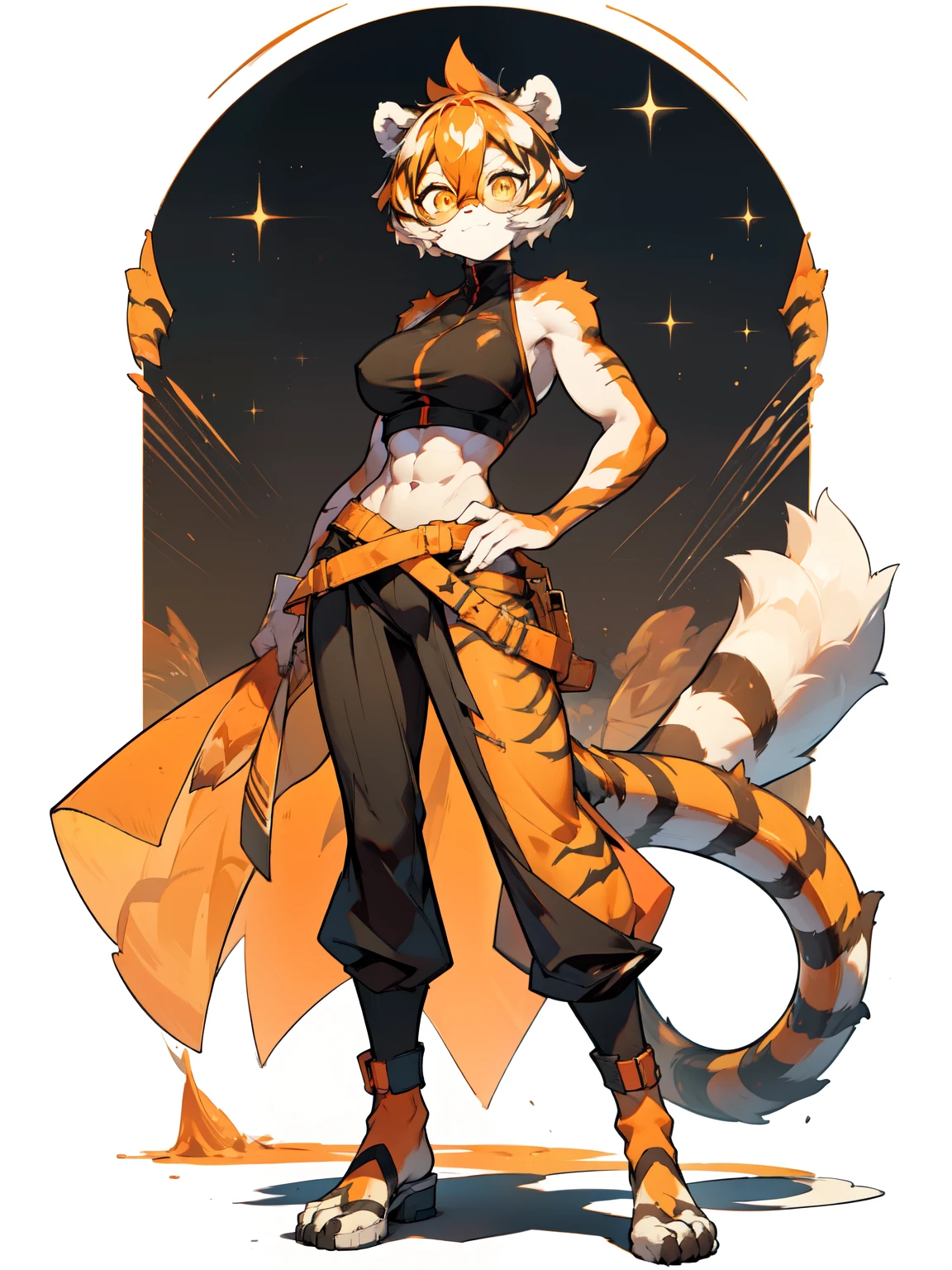 white background, full body,1girl，solo, Standing:1.5, animal ears, white hair, black hair, short hair, large breasts, Abdominal muscles,, tail, orange eyes, orange hair, multicolored hair, tiger girl, hair between eyes, tiger_ears, tiger_tail, orange-tinted_eyewear, tinted_eyewear, big breasts, evil smile, Shadows under feet,((( outfit:1.2))),