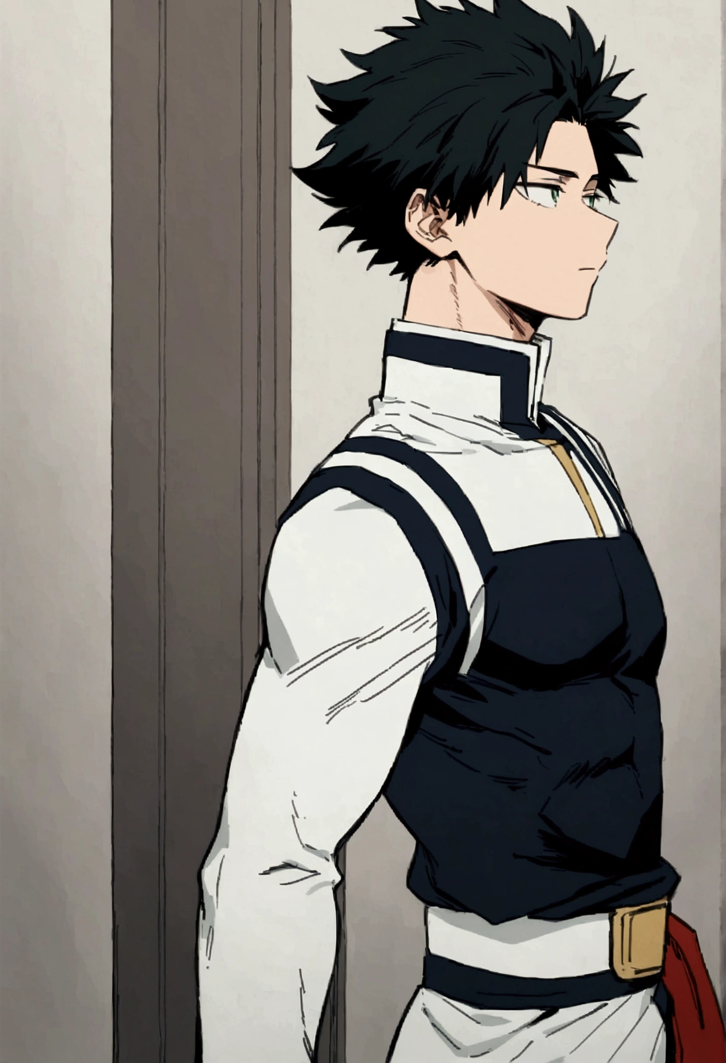 He is a , He has slightly disheveled black hair..., somewhat light green eyes, looking straight ahead , muscular body , He is dressed in the anime uniform. "my hero academia".