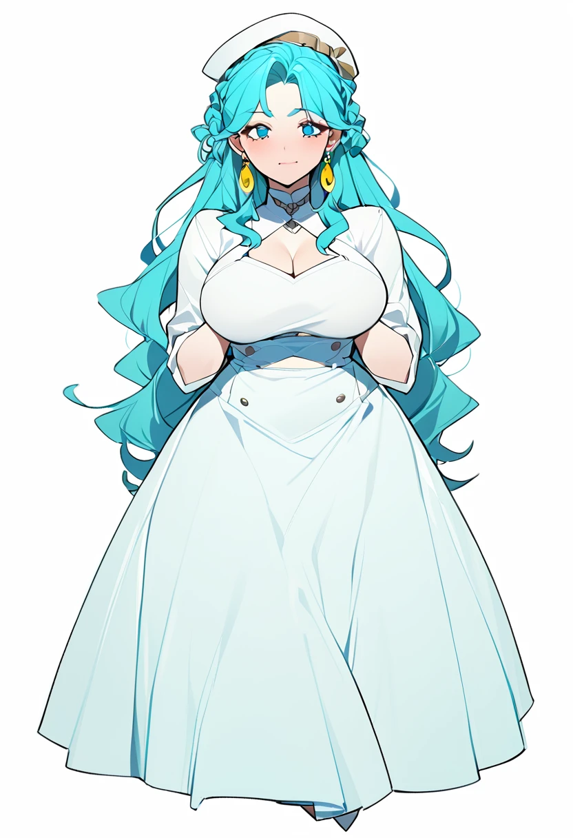 Anime, 1 woman, solo, kimtag, Melony, melony's hairstyle, Cyan colored long hair, Green mini beret, expressive eyes, BLUE eyes, yellow earings, busty, firm plump body, genetics's , Very long skirt, shy expression, Half smile, blushing