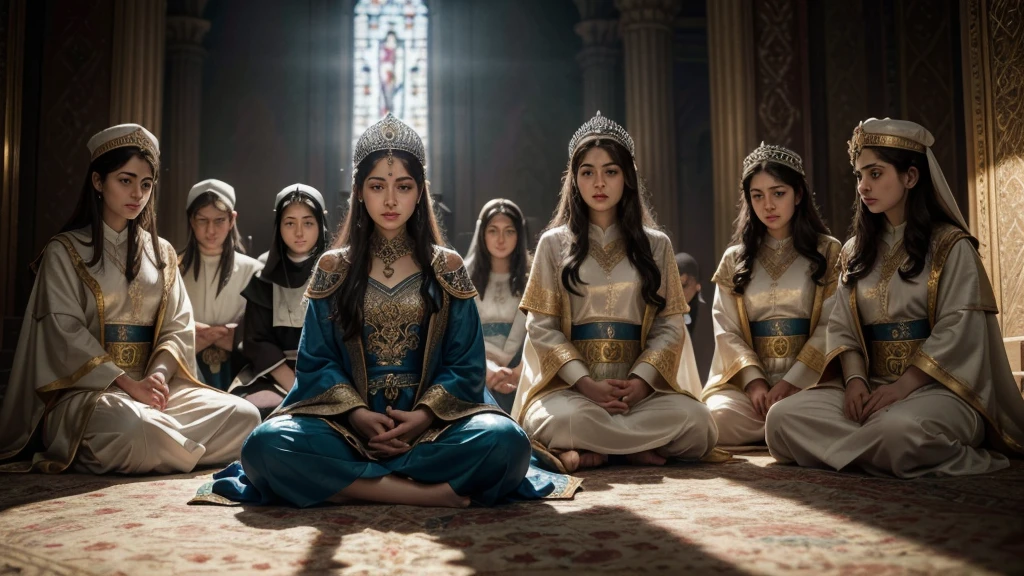 esther (esther 4:16 - Jejum de esther e dos judeus), dressed in Persian royal attire, in a posture of prayer and fasting, surrounded by a group of Jews also fasting and praying, in an ancient environment reminiscent of the Persian court, illuminated by a soft, reverent light, creating an atmosphere of devotion and solemnity, close-up, warm, soft morning light, prayer and fasting scene (best qualityer, 4K, High definition, work of art: 1.2), ultra detaild, (Realist: 1.37), illustration, beautiful detailed faces, flowy suits, calm and reverent environment, soft and warm color palette, magical lighting effects.