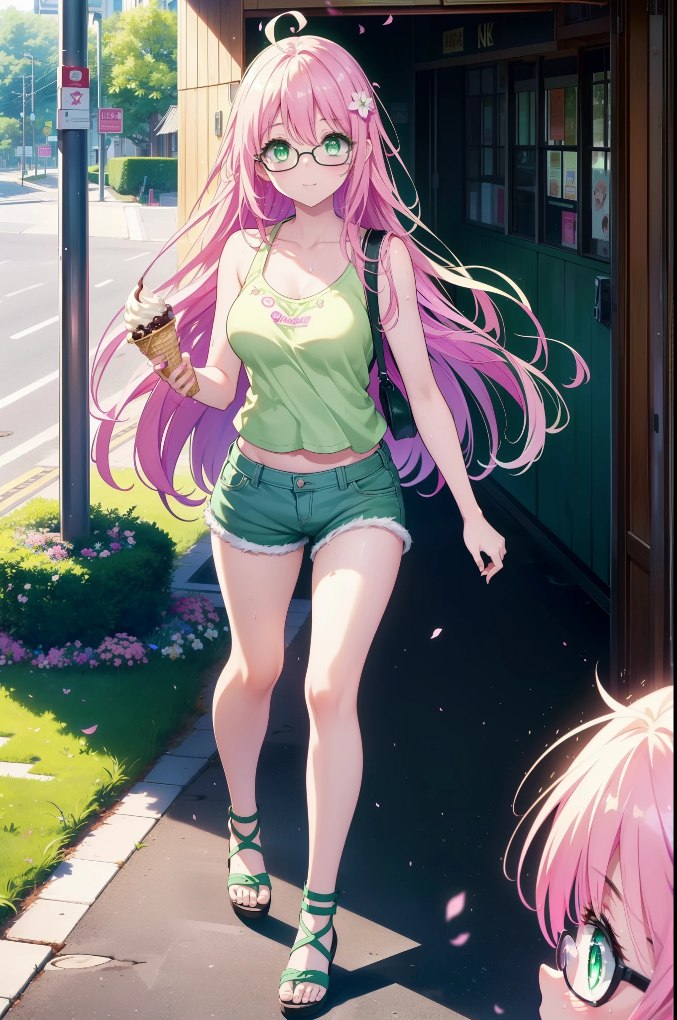 Laladevi Luke, Lara Deviluke, Long Hair, Pink Hair, tail, Ahoge, bangs, hair ornaments, (Green Eyes:1.5), smile,Open your mouth,demon tail, Tank top,Shorts,Heeled Sandals,Black-rimmed glasses,Holding ice cream in one hand,Eating ice cream,Walking,noon,Clear skies,True Summer,Sweat,whole bodyがイラストに入るように,
break outdoors, In town,
break looking at viewer, whole body,
break (masterpiece:1.2), Highest quality, High resolution, unity 8k wallpaper, (figure:0.8), (beautiful detailed eyes:1.6), extremely detailed face, Perfect lighting, extremely detailed CG, (Perfect hands, Perfect Anatomy),