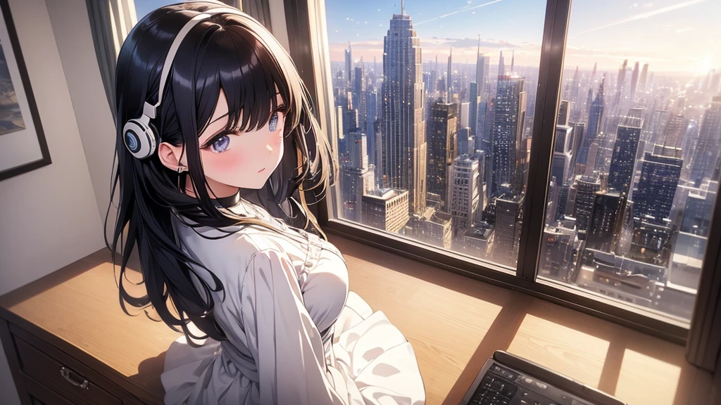 Ultra-high resolution, 8k, (Masterpiece, beautifully、mysterious:1.2), Works by Makoto Xin Haicheng, Lo-fi feel, Perfect human body engineering, 1 female, 光りSparkling Eyes, Sparkling Eyes, Idol, White ruffled dress, Shiny long black hair, Larger than average bust, Listening to music through headphones, Looking out the window, A room with musical instruments, city view from the window, Impressive cityscape, Bright Sky, meteor, Wide angle, Before dusk