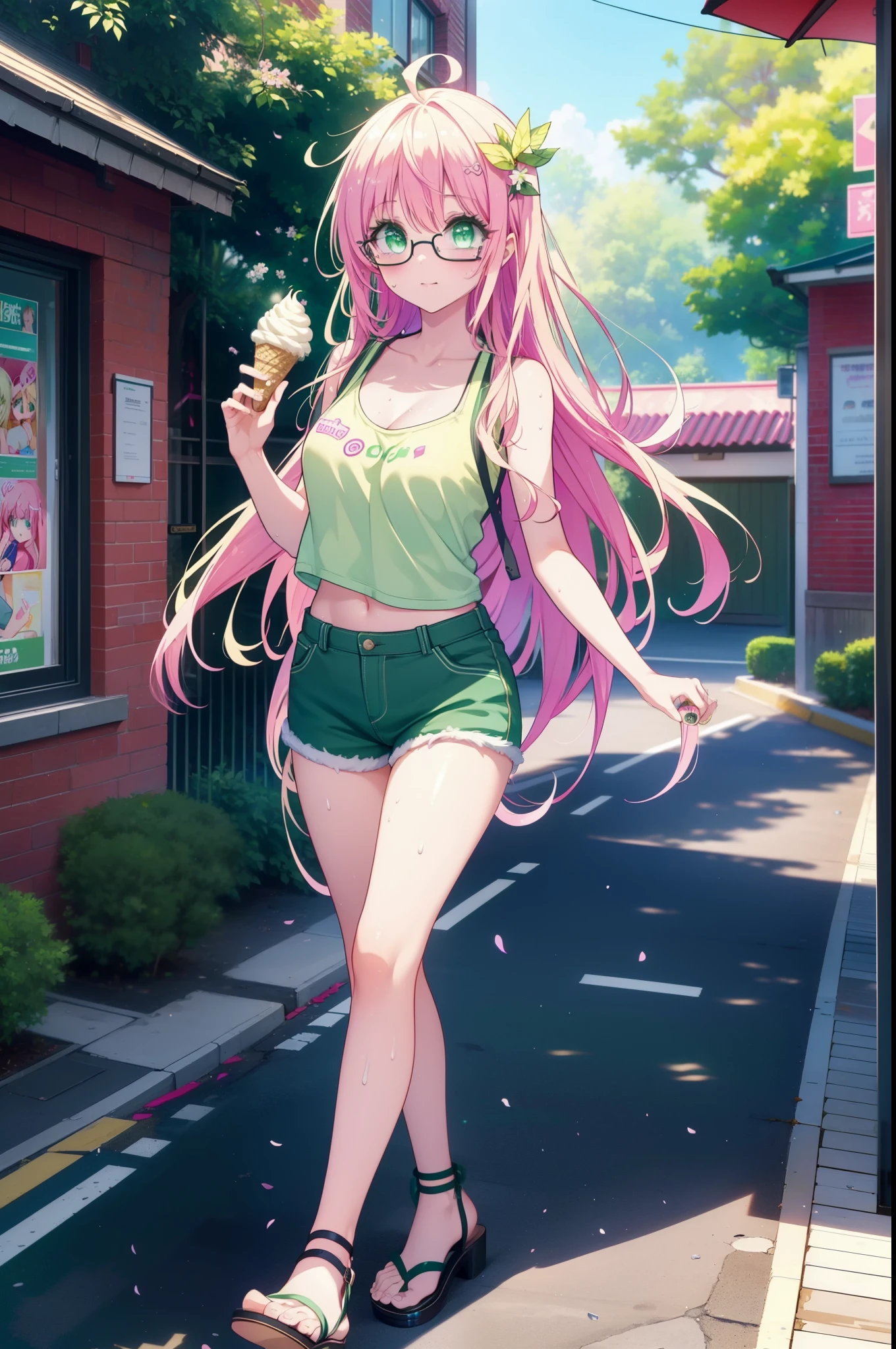 Laladevi Luke, Lara Deviluke, Long Hair, Pink Hair, tail, Ahoge, bangs, hair ornaments, (Green Eyes:1.5), smile,Open your mouth,demon tail, Tank top,Shorts,Heeled Sandals,Black-rimmed glasses,Holding ice cream in one hand,Eating ice cream,Walking,noon,Clear skies,True Summer,Sweat,whole bodyがイラストに入るように,
break outdoors, In town,
break looking at viewer, whole body,
break (masterpiece:1.2), Highest quality, High resolution, unity 8k wallpaper, (figure:0.8), (beautiful detailed eyes:1.6), extremely detailed face, Perfect lighting, extremely detailed CG, (Perfect hands, Perfect Anatomy),