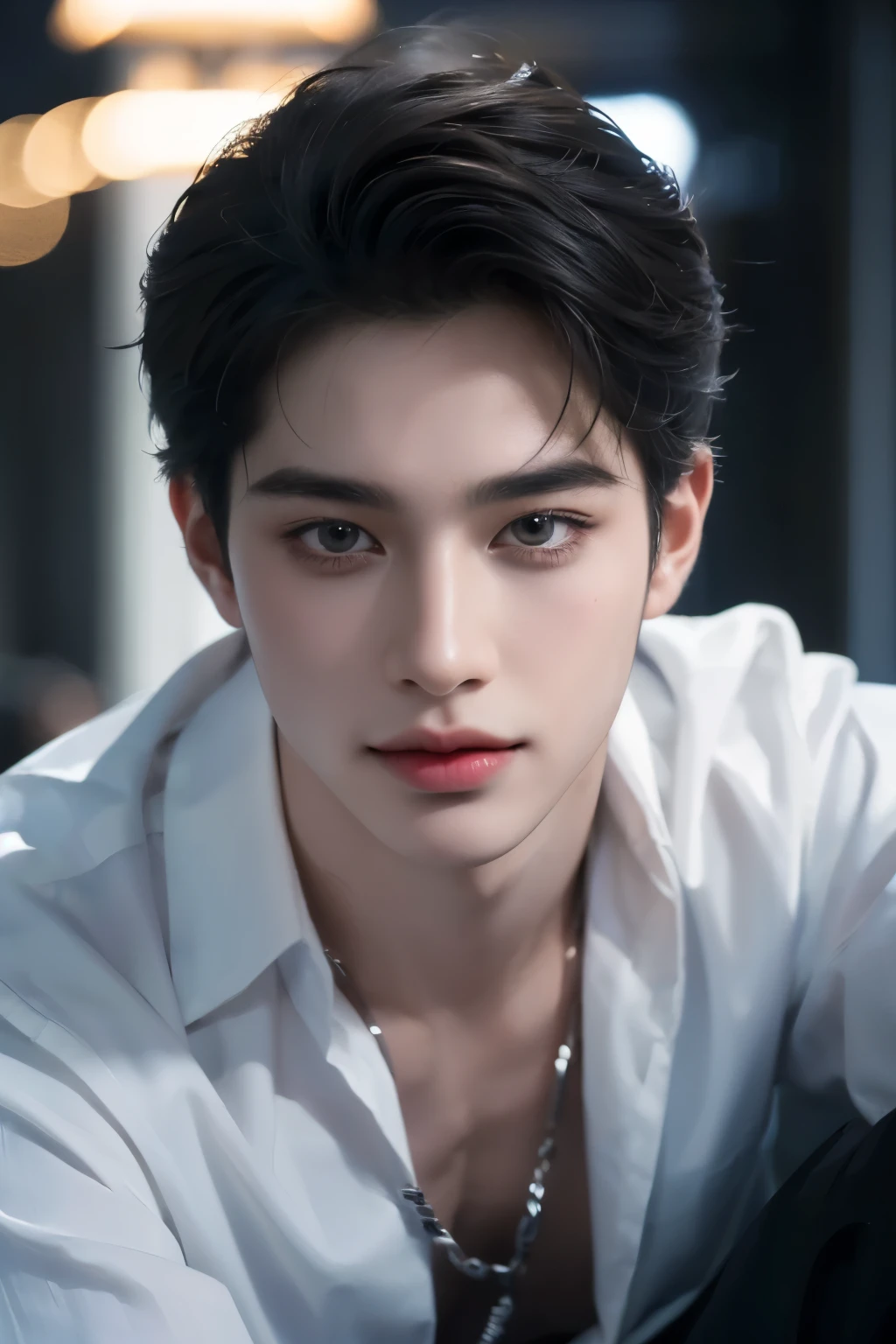 ((highest quality, 8K, masterpiece: 1.3)), Tokyo City、Handsome boy in street fashion:1.5, 20-year-old、Delinquent boy、 well-groomed face, black hair color、thin face、（white skin:1.5）、whole body、black eyes、boy with makeup、Super handsome、sexy eyes、Extra-fine face, handsome nose, small eyes and face, beautiful lighting, High resolution, detailed mouth, smile, whole body: 1.5, perfect body shape、super slim，medium hair、silver accessories、center, full body length