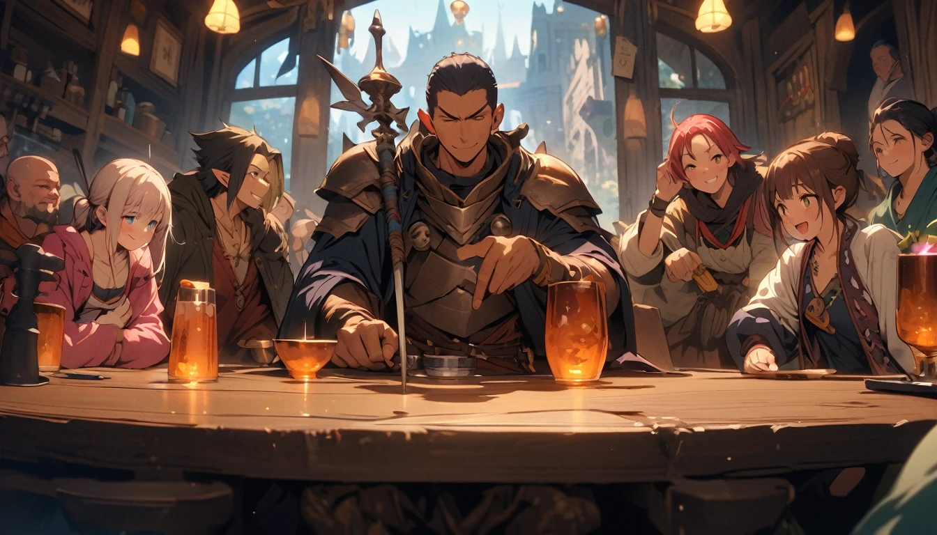 A black-haired and black-armored warrior nibbled on a chicken leg，A dark-haired youth holds a wooden wine glass in both hands，Sit at the wine table and talk，The background is a bartender and a fat man drinking，Wooden bar，Wine barrels，Bottled wine，waxy candles，