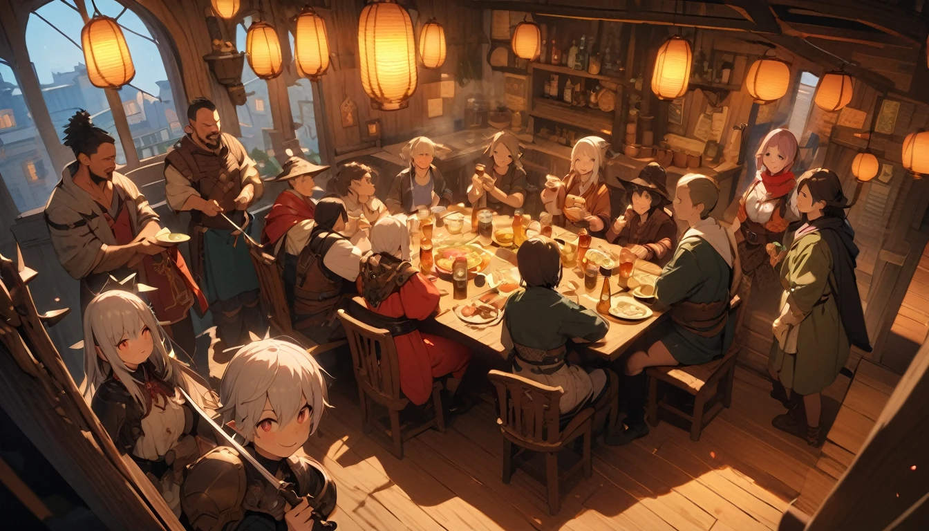 (masterpiece:1.4), (Highest quality:1.4), Very detailed, Complex, Very detailed, shape,Soft lighting, Tavern, More than one personで語り合う, Hopeful Face, smile, More than one person, Mixed gender, a group of adventurers, character from RPG games, (character: human, Fairy, Fairy, Dwarf, The Hobbit), (exterior: Swordsman Style, Shaman Style, Monk Style, Magician style), (belongings: Long sword, dagger, Holy Staff, Magic wand, shield, metal armor, Leather Armor), Perfectly accurate anatomical shape、All limbs intact、Perfect full finger, Colorful characters, Drinking alcohol and getting drunk, Make friends with people in the city，Huge, Majestic, Uplifting expressions, みんなのsmileが素晴らしい.