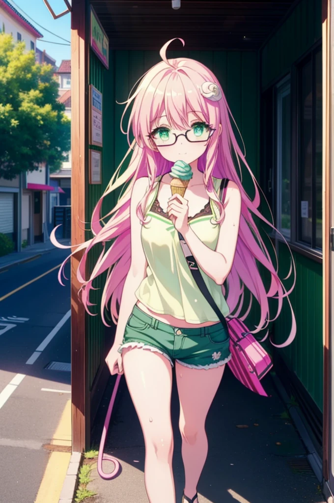 Laladevi Luke, Lara Deviluke, Long Hair, Pink Hair, tail, Ahoge, bangs, hair ornaments, (Green Eyes:1.5), smile,Open your mouth,demon tail, Tank top,Shorts,Heeled Sandals,Black-rimmed glasses,Holding ice cream in one hand,Eating ice cream,Walking,noon,Clear skies,True Summer,Sweat,whole bodyがイラストに入るように,
break outdoors, In town,
break looking at viewer, whole body,
break (masterpiece:1.2), Highest quality, High resolution, unity 8k wallpaper, (figure:0.8), (beautiful detailed eyes:1.6), extremely detailed face, Perfect lighting, extremely detailed CG, (Perfect hands, Perfect Anatomy),