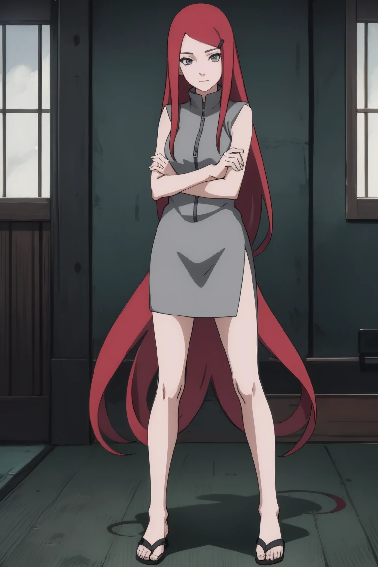 full body, uzumaki kushina, kushina, hair ornament, Red hair, Hair clip, (grey eyes:1.5), solo, crossed arms, indoors, BREAK (Masterpiece:1.2), Best Quality, high resolution,(perfect hands, Perfect Anatomy), NSFW, naked