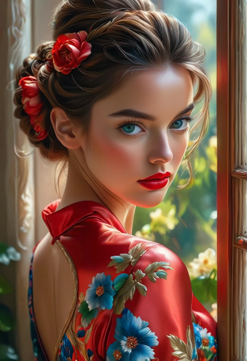 (Best Quality, 4K, 8K, High Resolution, Masterpiece: 1.2), (Super Detailed, Realistic, Photorealistic: 1.37) A captivating young woman, wearing a stunning red and blue floral satin ensemble, stands before from a window with an air of toughness and determination. Her enchanting green eyes are exquisitely detailed, capturing every sparkle and depth, while her lips boast a meticulous beauty that is both captivating and seductive. The level of detail extends to the entire face, every contour and feature is meticulously rendered to perfection, creating a sense of hyperrealism that draws the viewer in.
The girl's costume, reminiscent of oil painting, is a work of art in itself. The fabric, expertly crafted to resemble vibrant brushstrokes, adds a touch of dynamism to your overall look. It is a true reflection of the artist's talent, showing mastery, (NSFW:1.5), Chignon hairstyle.
