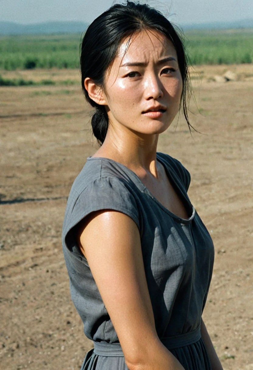 1970s, a hot summer extremly sweaty day in the early 1970s, Close up halfbody torso view of an outdoor skinny but skinny young sweaty mongolian female prisoner wearing dark grey sleeveless prisoner dress. She is standing close up to the camera by facing the camera and looking directing in the cameras viewer.  capsleeves are very wide, leaving her armpit skin fold fully visible and exposed. Cap sleeves are designed to cover the shoulder but not extend fully over the arm, often ending just past the shoulder. In this case, the woman's cap-sleeve prison dress is short enough that her armpits are visible. This could be due to the design of the dress, or it could be a result of the pose she's striking. backlit She is very sweaty, the outside sunny weather is unbaerably hot, woman is sweating, extreme torso sweating, armpit sweating, extremly bright sunshine,She is very sweaty, the outside sunny weather is unbaerably hot, woman is sweating, extreme torso sweating, armpit sweating, extremly bright sunshine realistic armpit anatomy, errorless photo, realistic skin, realistic armpit crease lines, realistic nice toned arms, noticeable pectoral wall creating that hollowness in the armpits,Movie Still

