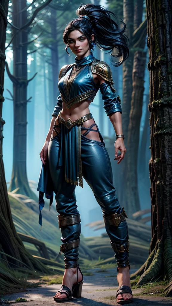 Solo, female, slightly muscular, slightmuscle, big blue eyes, fantasy outfit, forest, pants, cropped jacket, modest clothingBlack hair, Black curly long hair in a ponytail, light eyes, tall and Toned woman, Red and blue outfit Barbarian woman, full body, aesthetic, beautiful woman,fantasy clothing, (masterpiece, best quality:1.2), solo, 1girl, smile, looking at viewer, ponytail, sandals, bare arms, no sleeves, baggy pants, 