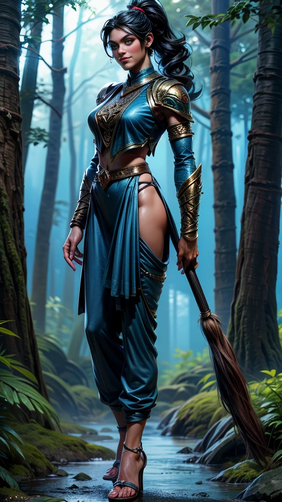 Solo, female, slightly muscular, slightmuscle, big blue eyes, fantasy outfit, forest, pants, cropped jacket, modest clothingBlack hair, Black curly long hair in a ponytail, light eyes, tall and Toned woman, Red and blue outfit Barbarian woman, full body, aesthetic, beautiful woman,fantasy clothing, (masterpiece, best quality:1.2), solo, 1girl, smile, looking at viewer, ponytail, sandals, bare arms, no sleeves, baggy pants,